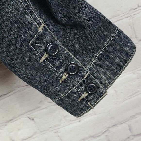CAbi Vintage Lucy Jean Jacket #860 Indigo Blue Stretch Denim Fitted Pleat Collar - Picture 5 of 9